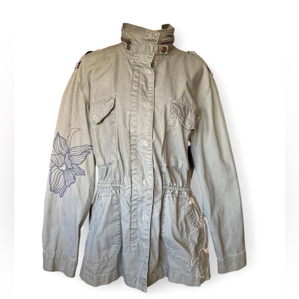 Kensie Utility Jacket in Light Olive Green with Floral Embroidery